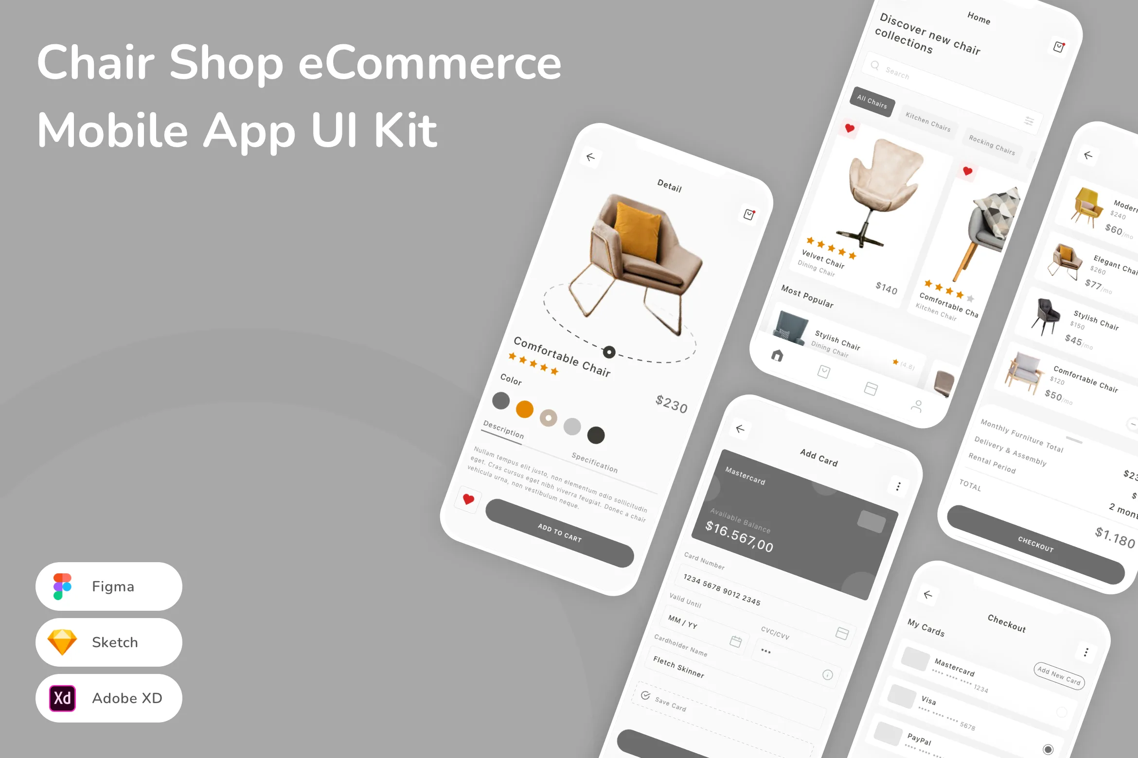 Chair Shop eCommerce Mobile App UI Kit for Figma, Sketch & XD | UIworkshop