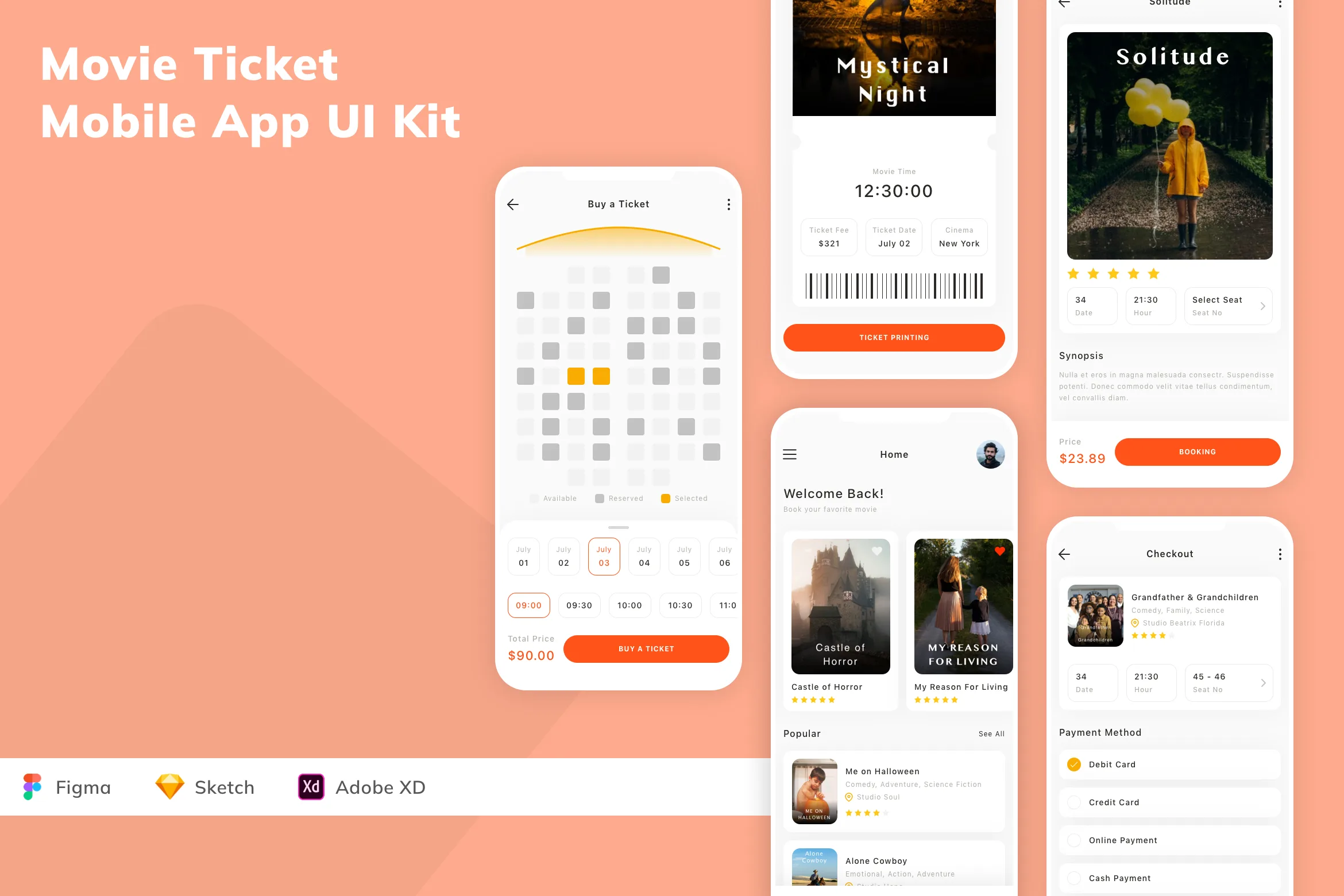 Movie Ticket Mobile App UI Kit for Figma, Sketch & XD | UIworkshop