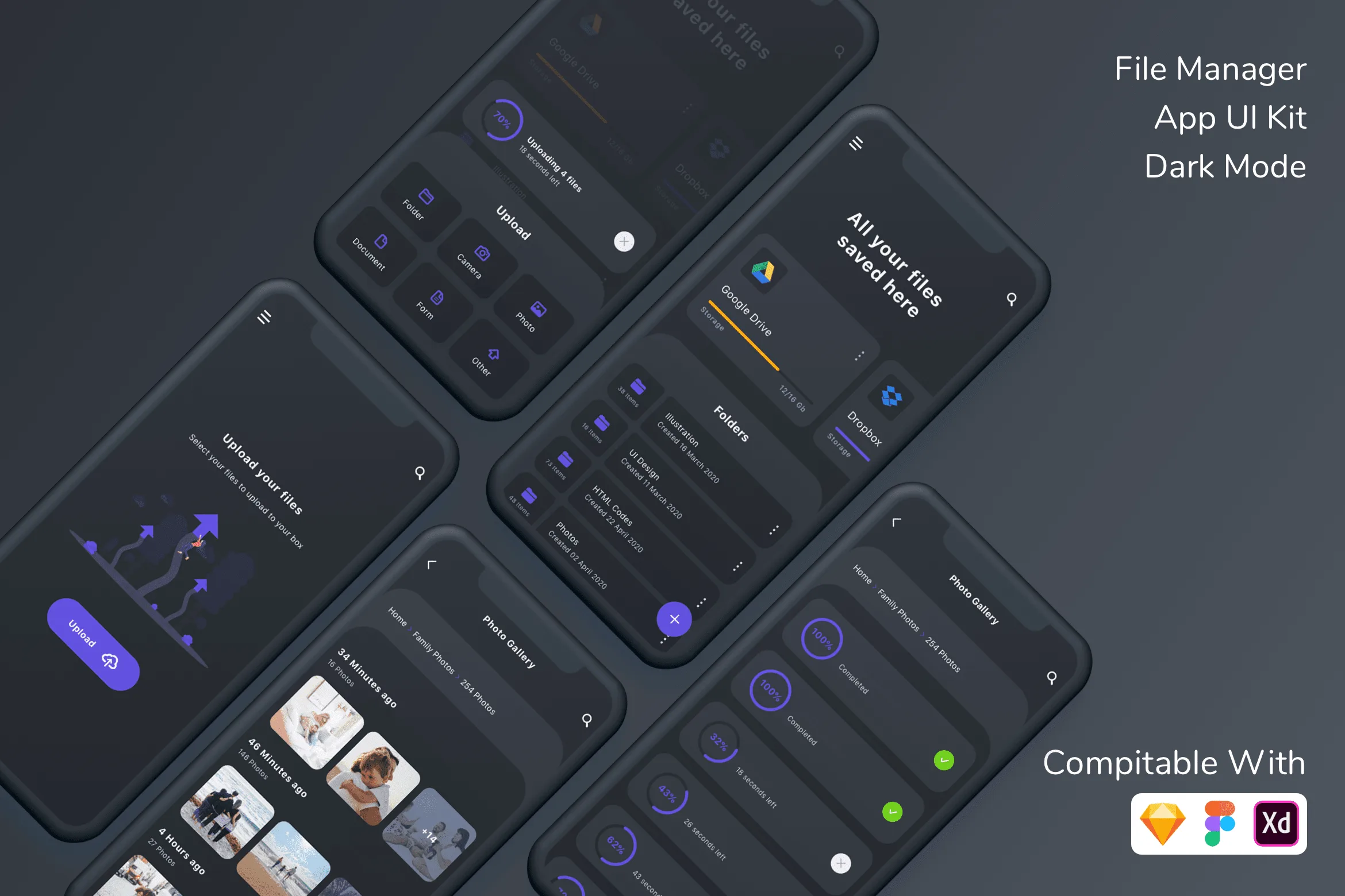 File Manager App UI Kit Dark Mode for Figma, Sketch & XD | UIworkshop