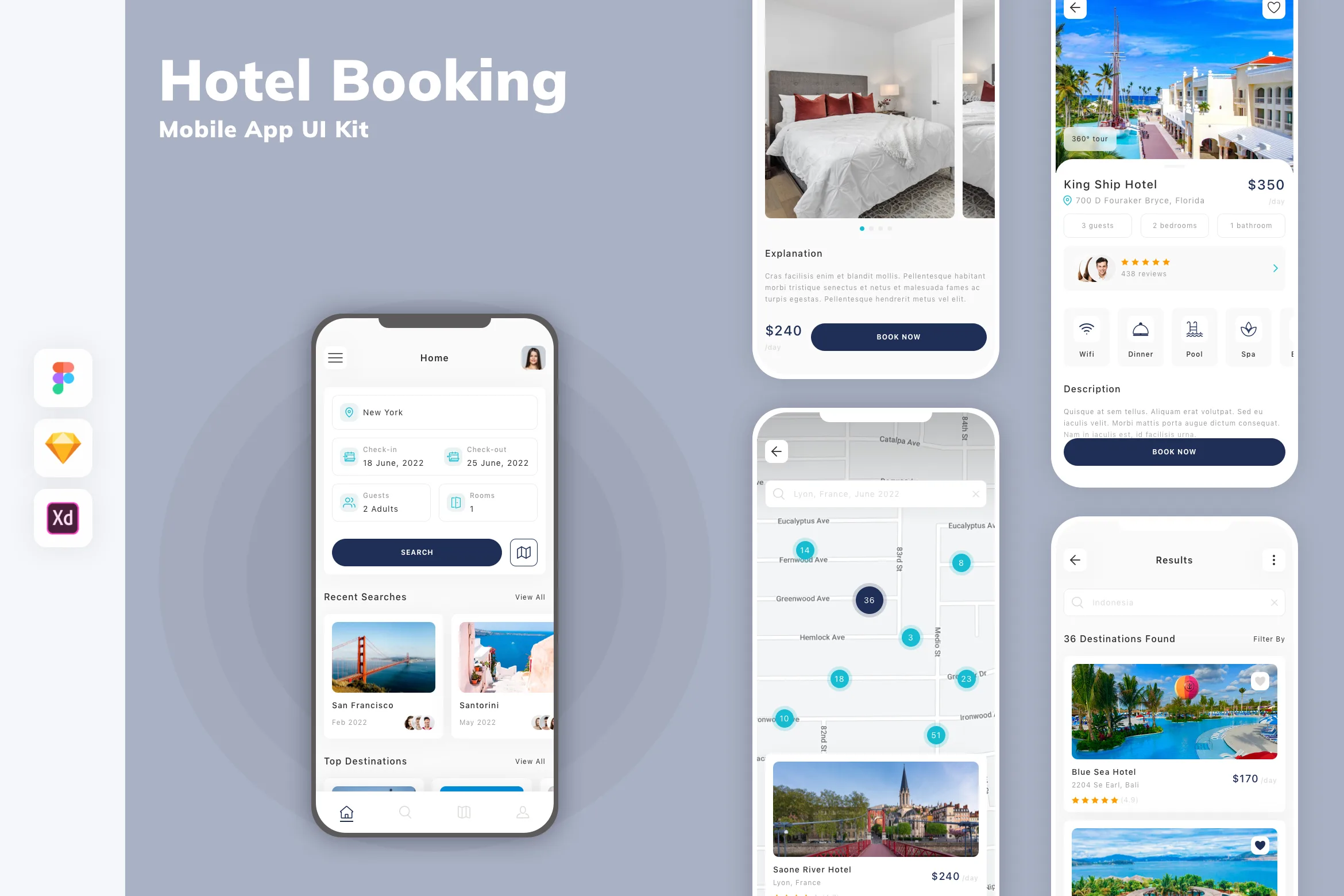 Hotel Booking Mobile App UI Kit for Figma, Sketch & XD | UIworkshop