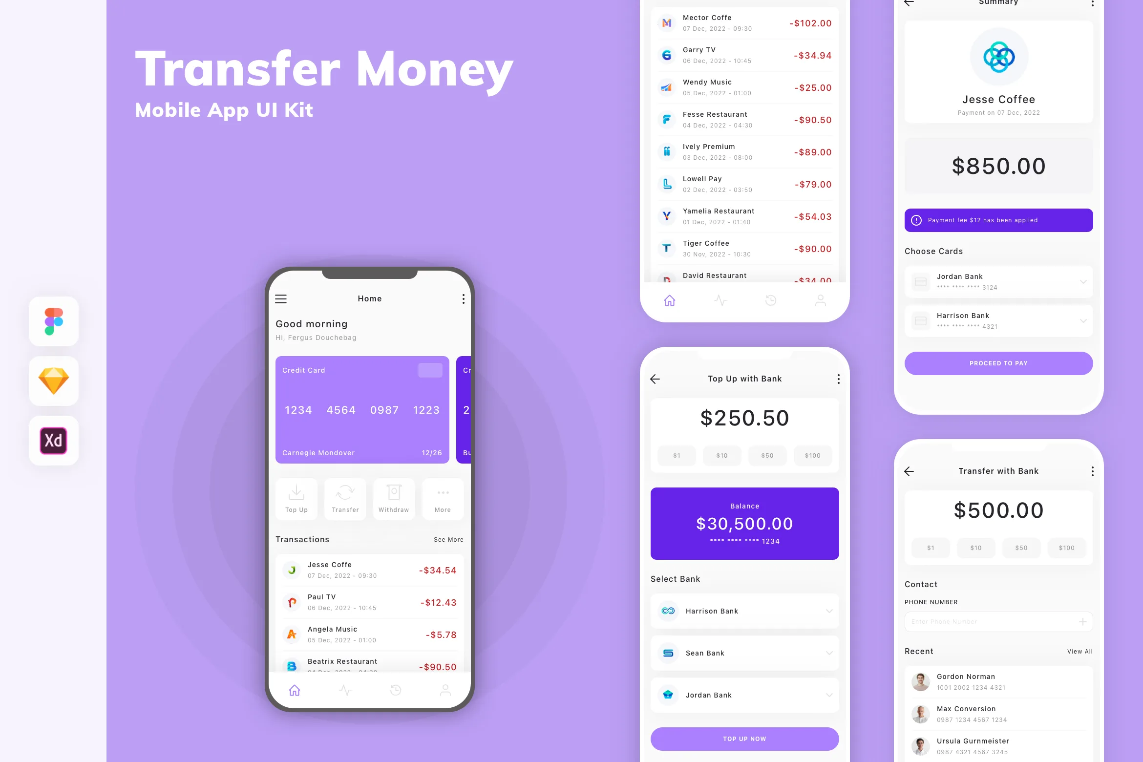 Transfer Money Mobile App UI Kit for Figma, Sketch & XD | UIworkshop