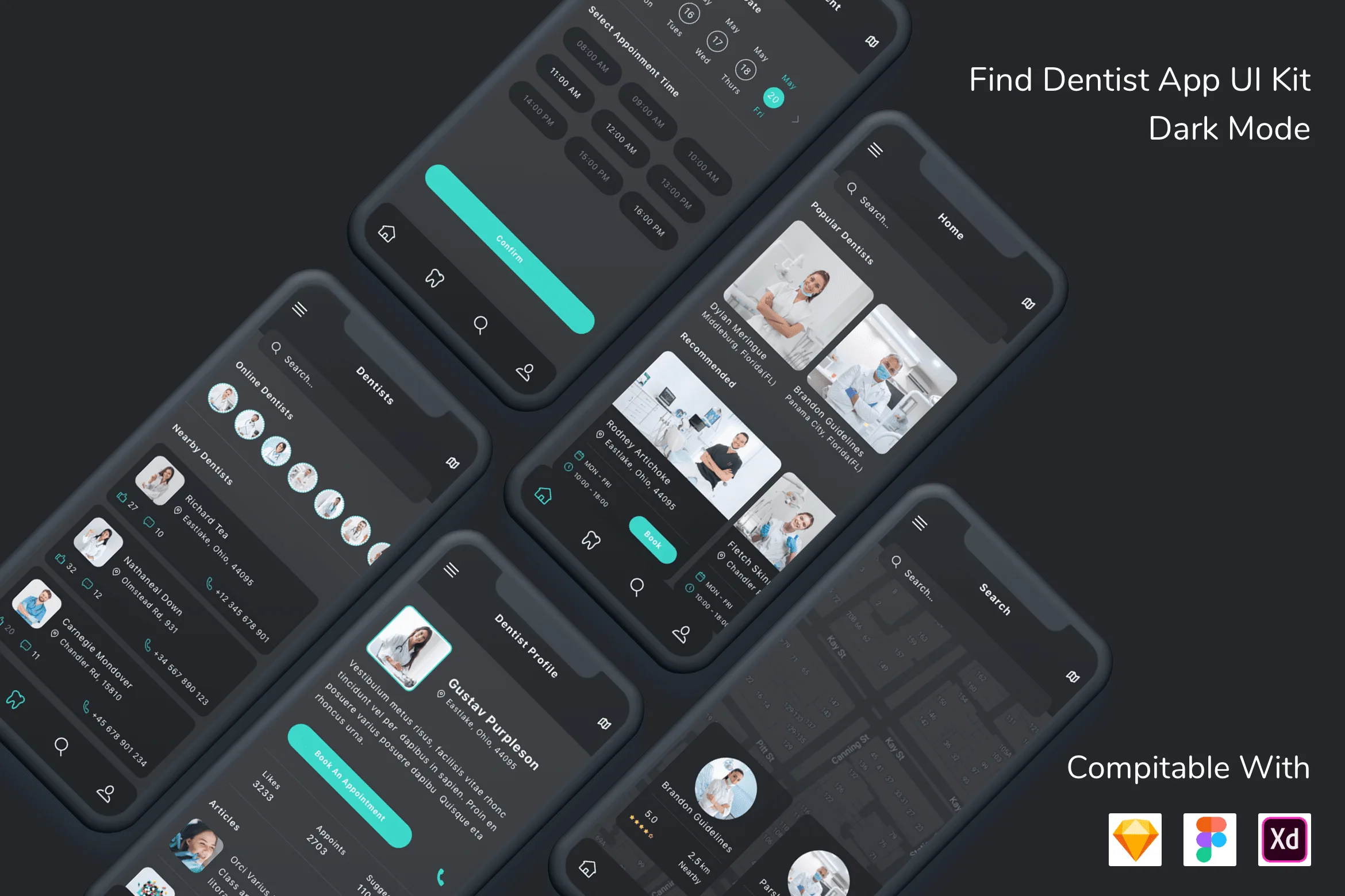 Find Dentist App UI Kit Dark Mode