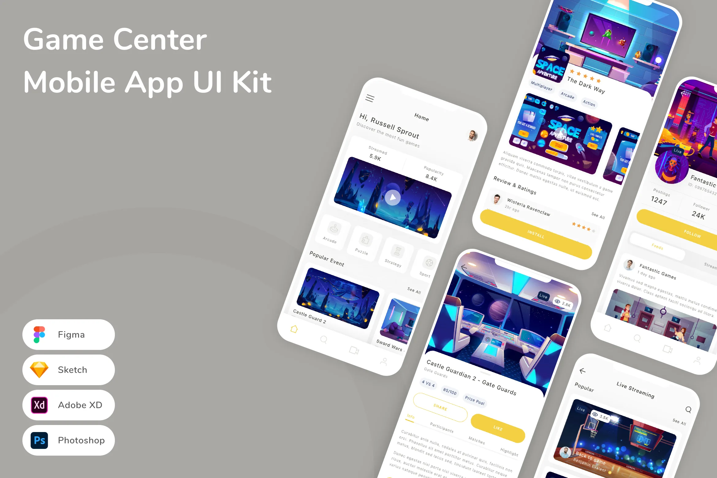 Game Center Mobile App UI Kit for Figma, Sketch & XD | UIworkshop