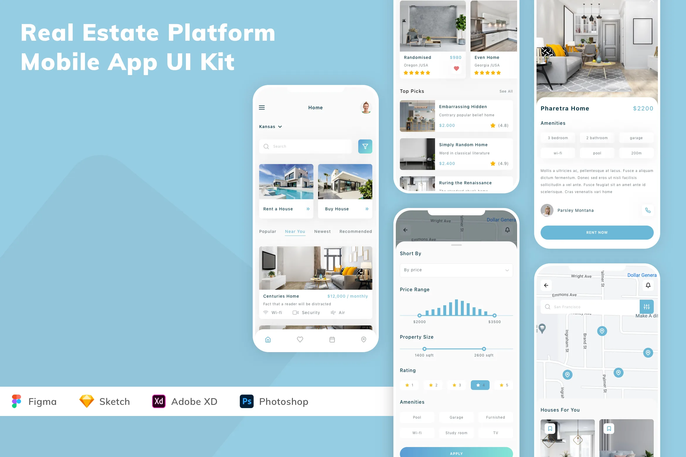 Real Estate Platform Mobile App UI Kit for Figma, Sketch & XD | UIworkshop