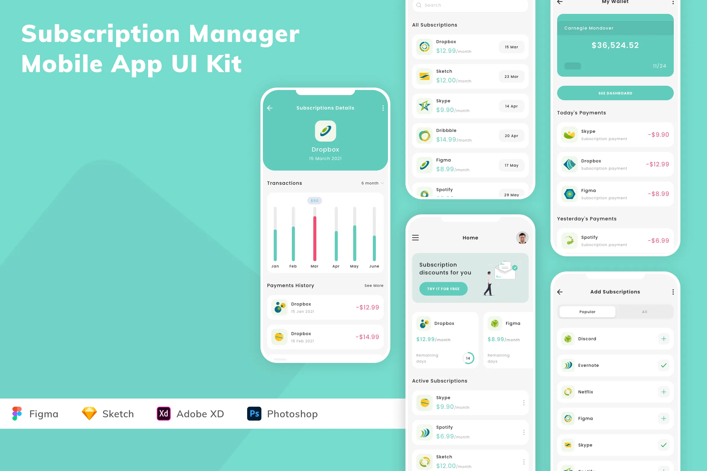 Subscription Manager Mobile App UI Kit for Figma, Sketch & XD | UIworkshop