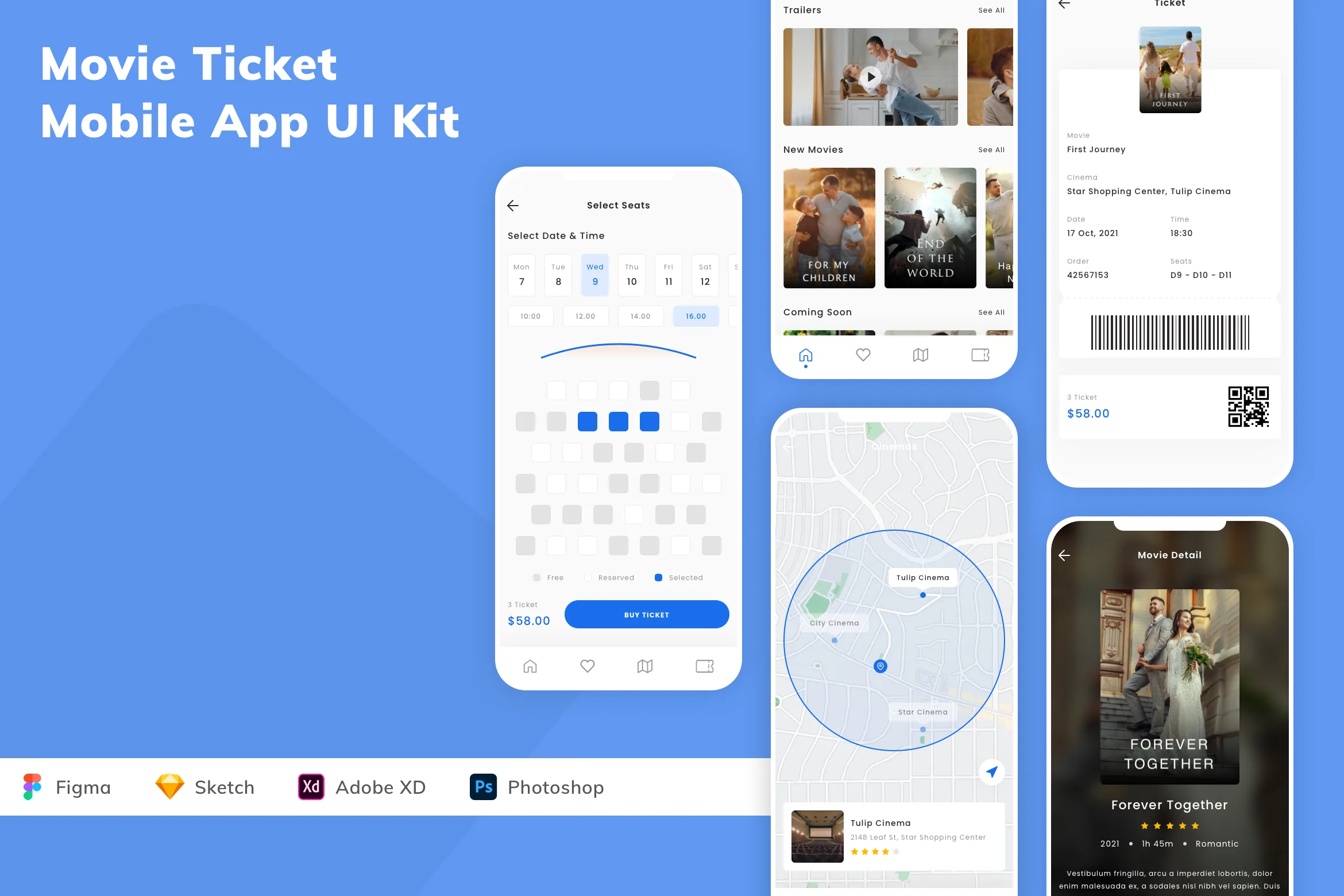 Movie Ticket Mobile App UI Kit for Figma, Sketch & XD | UIworkshop