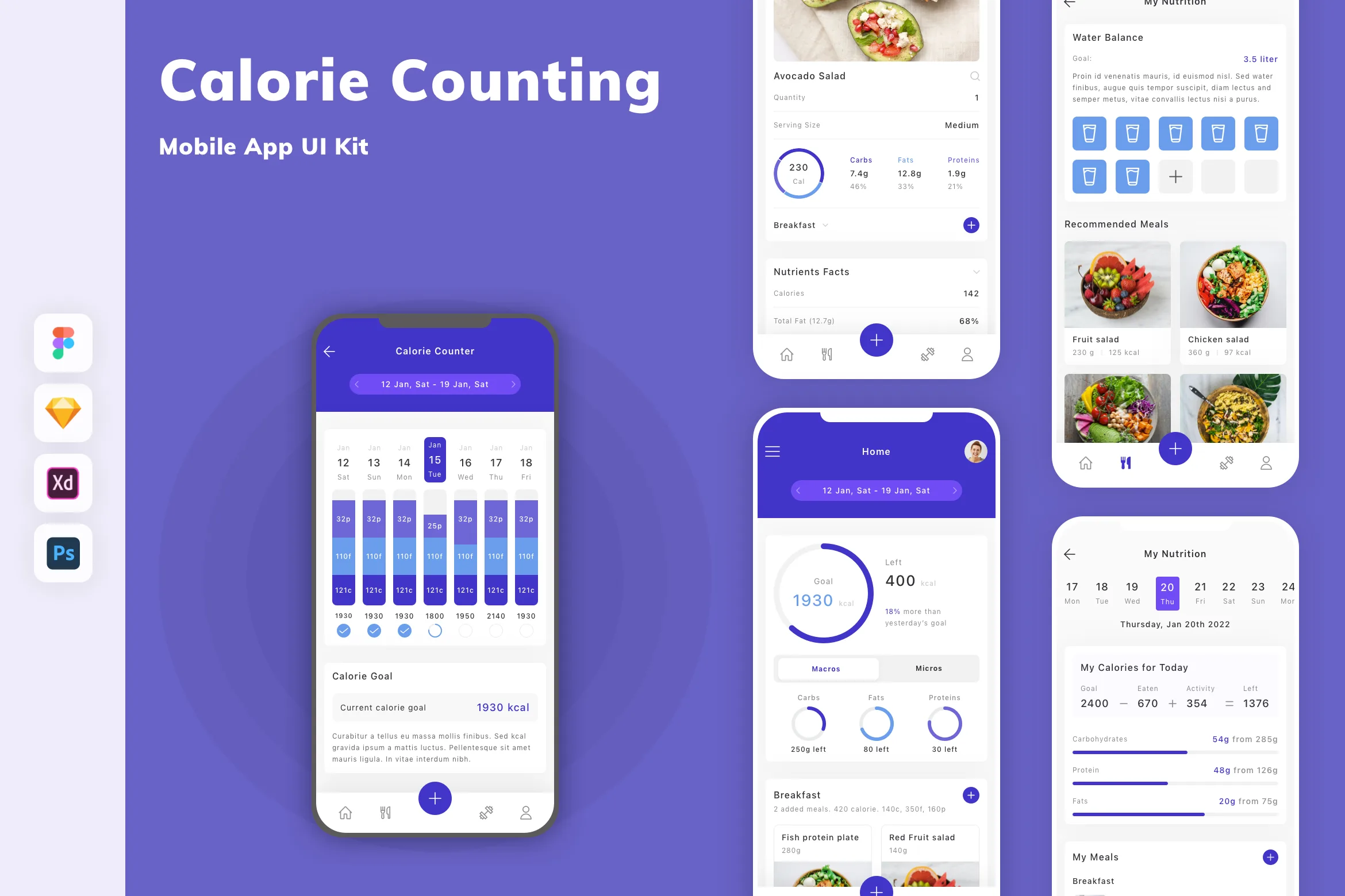Calorie Counting Mobile App UI Kit for Figma, Sketch & XD | UIworkshop