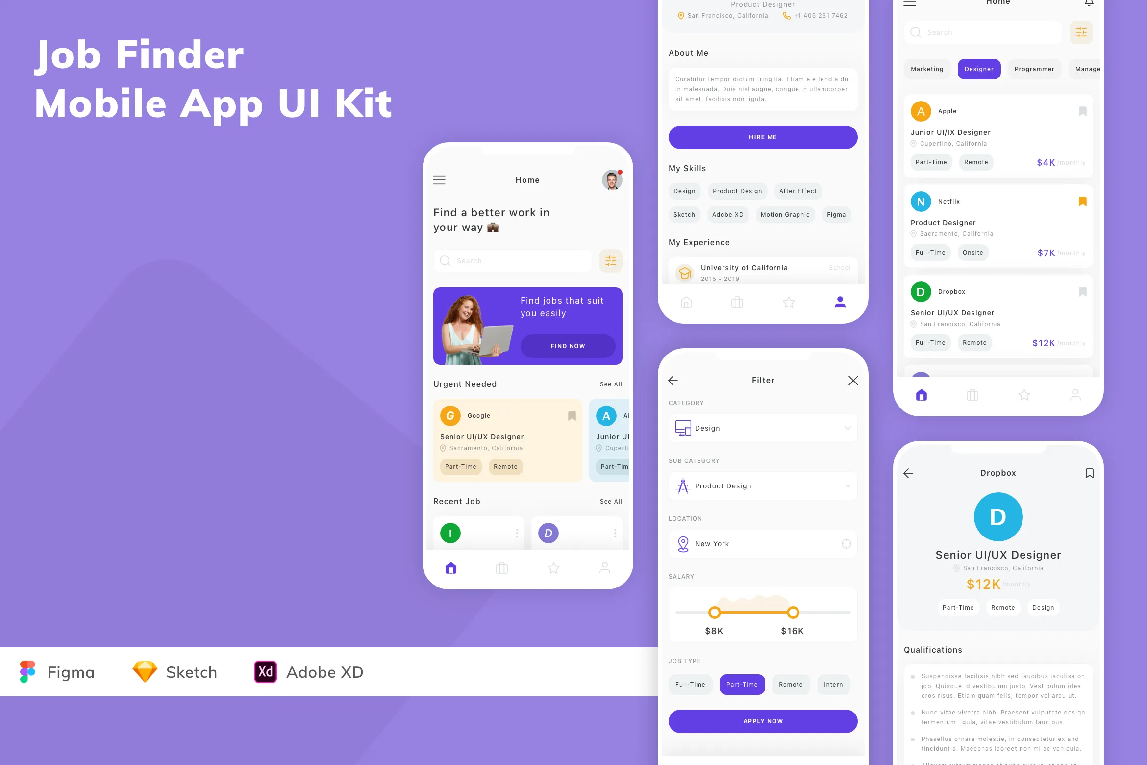 Job Finder Mobile App UI Kit for Figma, Sketch & XD | UIworkshop