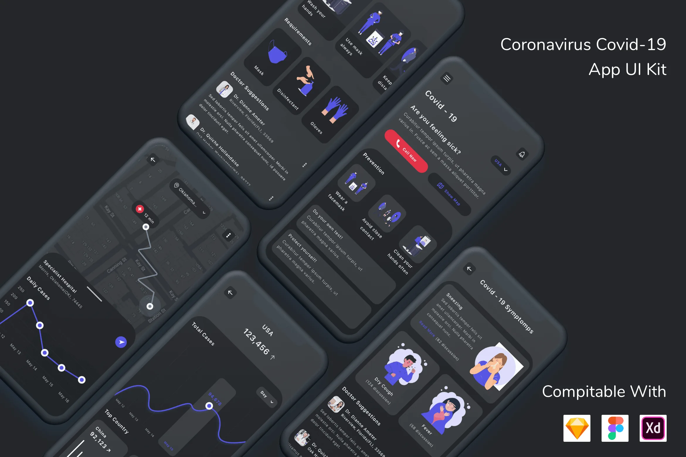 Covid 19 App UI Kit Dark Mode