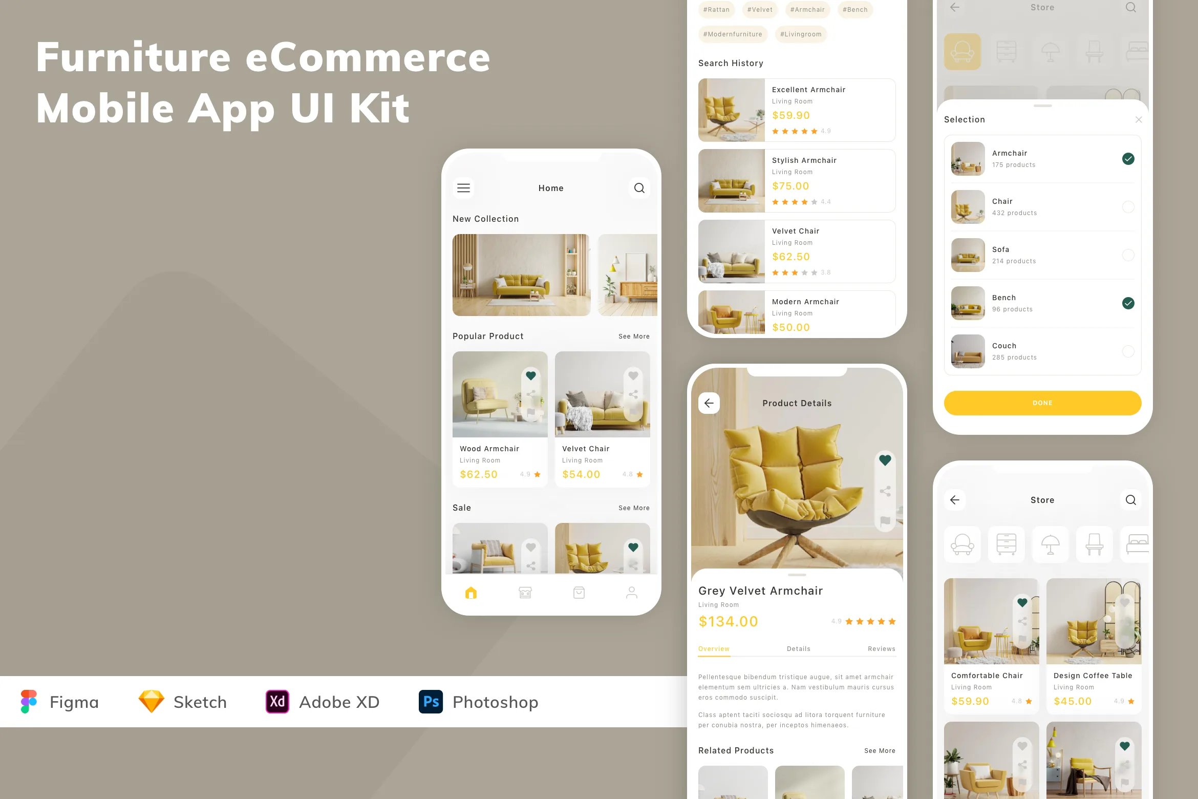 Furniture eCommerce Mobile App UI Kit for Figma, Sketch & XD | UIworkshop