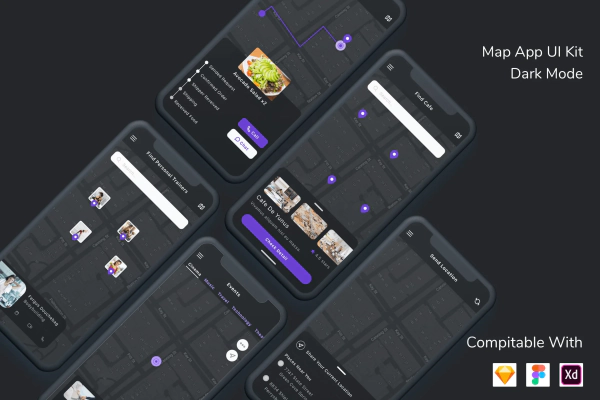 Map App UI Kit Dark Mode