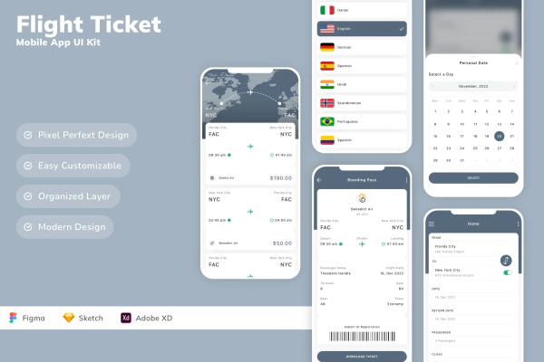 Flight Ticket Mobile App UI Kit