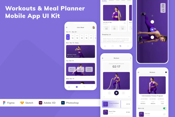 Workouts & Meal Planner Mobile App UI Kit