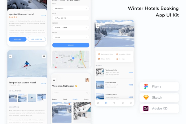 Winter Hotels Booking App UI Kit