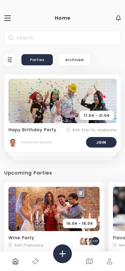 Party Finder Mobile App UI Kit for Figma, Sketch & XD | UIworkshop